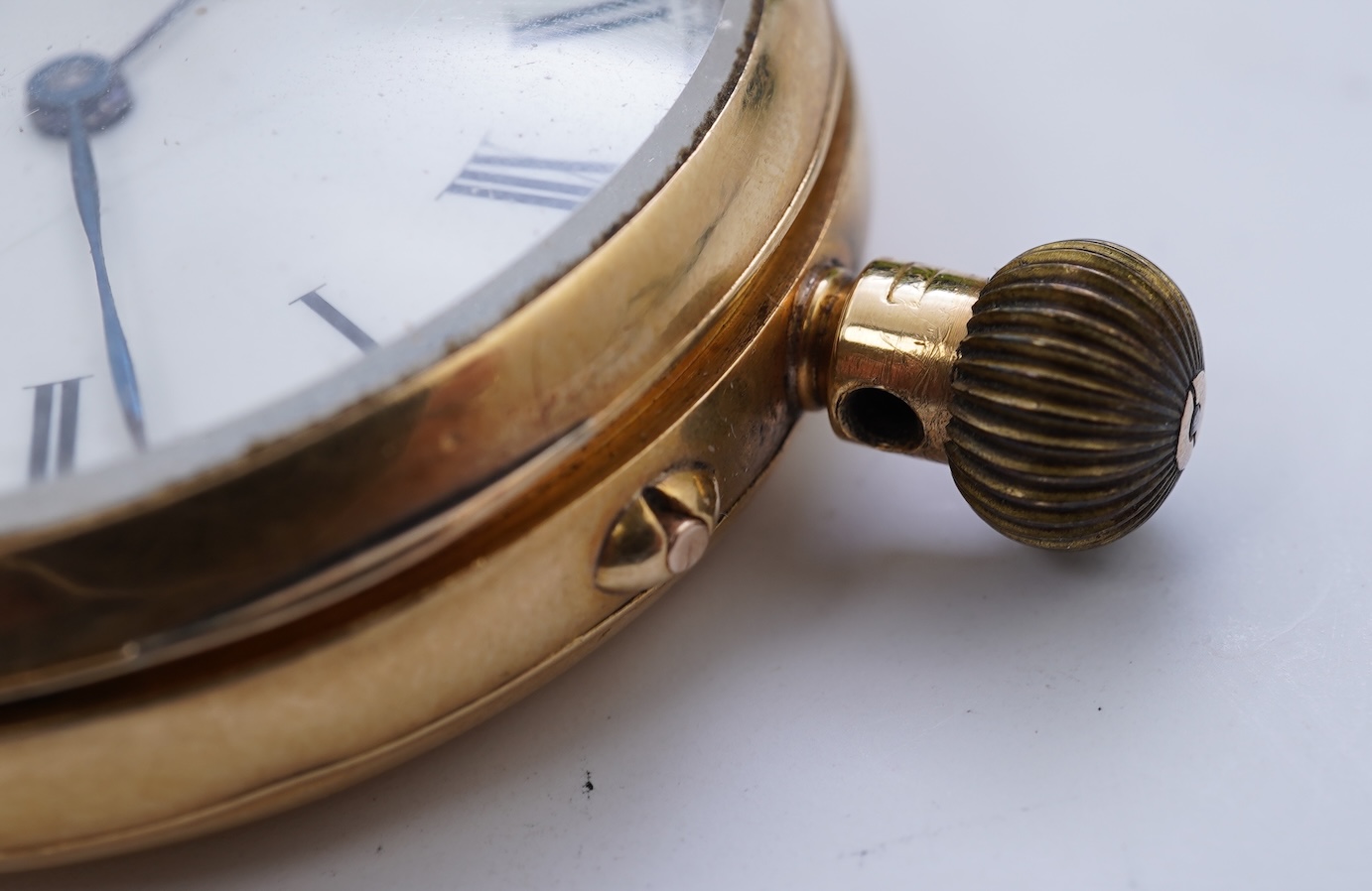 A late Victorian 18ct gold open faced keyless fob watch, by Kemp Brothers